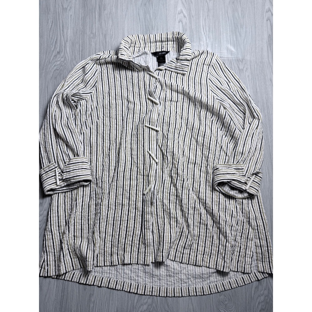 Ali Miles Women Striped Seersucker Toggle Button Tunic Top Black Olive‎ Small